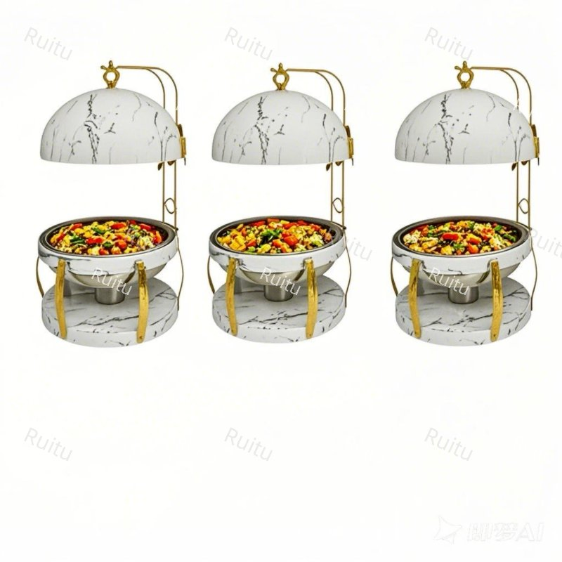 Five Star Certified Fuel Efficient Cheffing Stainless Steel Ornate Brass Hanging Shaffing Dishes Buffet Food Warmer Suspended Wooden Chafing Dish