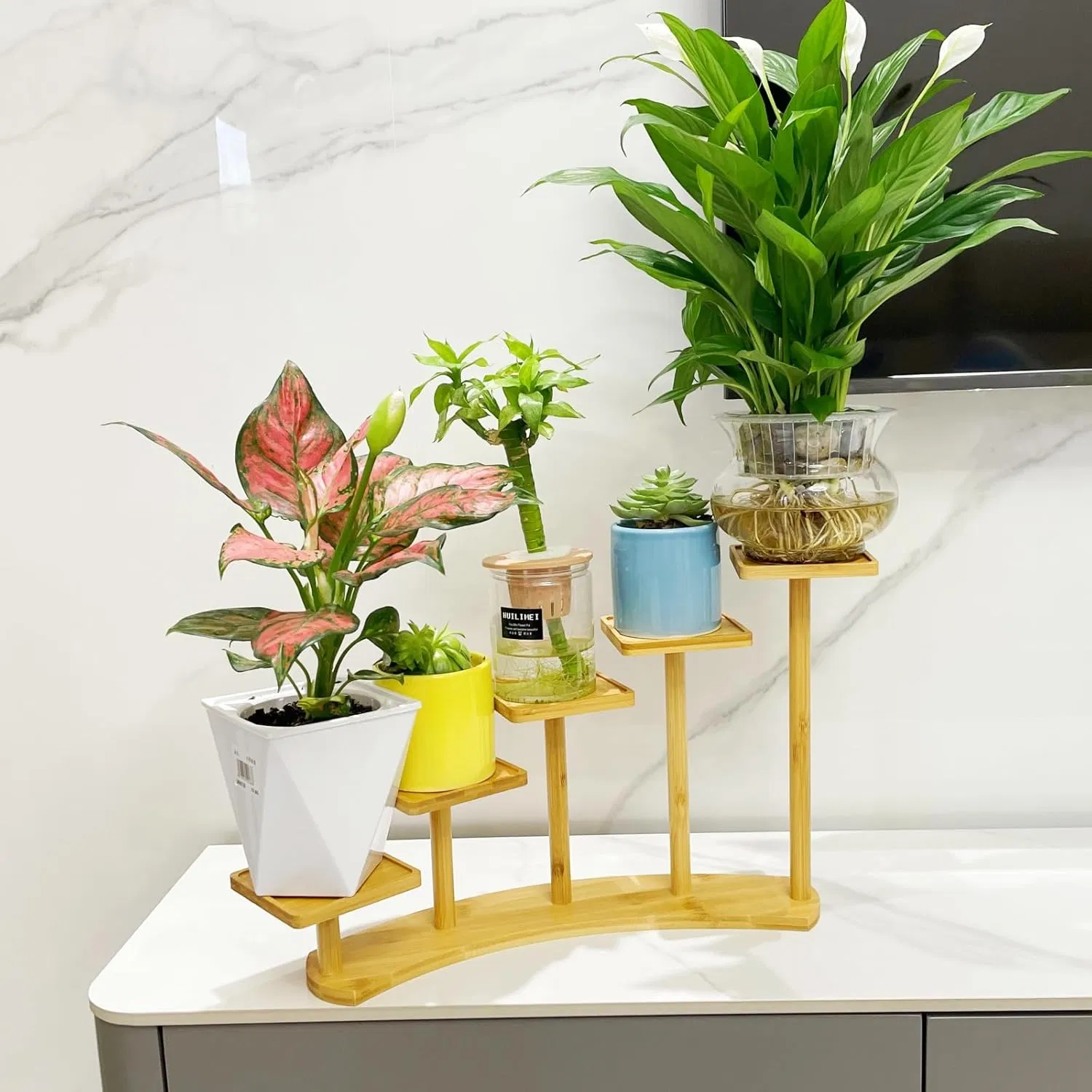 Bamboo Household Living Room Balcony Two-Piece Set Square Succulent Potted Bamboo Flower Rack