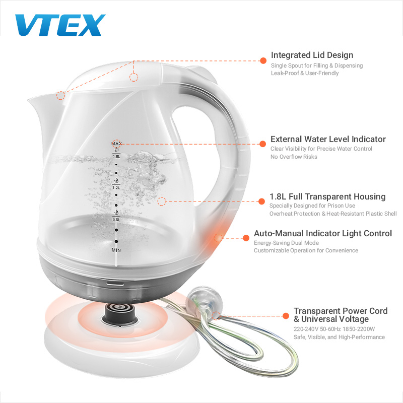 Prison Inmate Use Electronics Correction Products 1.8L Plastic Kettle Jail Justice Industry Supplies Clear Electric Kettle