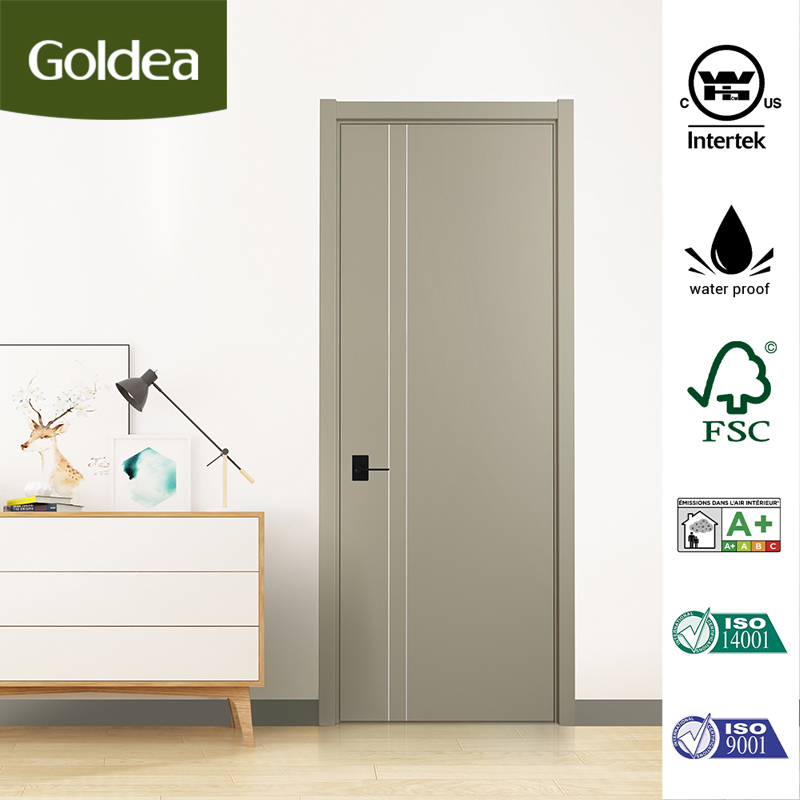 ODM European Style Finished China MDF PVC Bypass Interior Hotel Toilet Wooden Front Door with Metal Strips Inlay Design