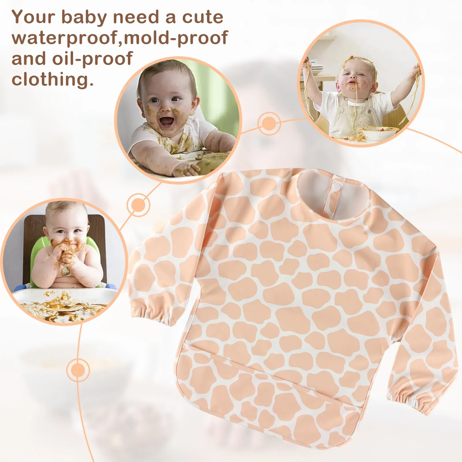 Easy Wipe Long Sleeve Feeding PU Bib for Baby