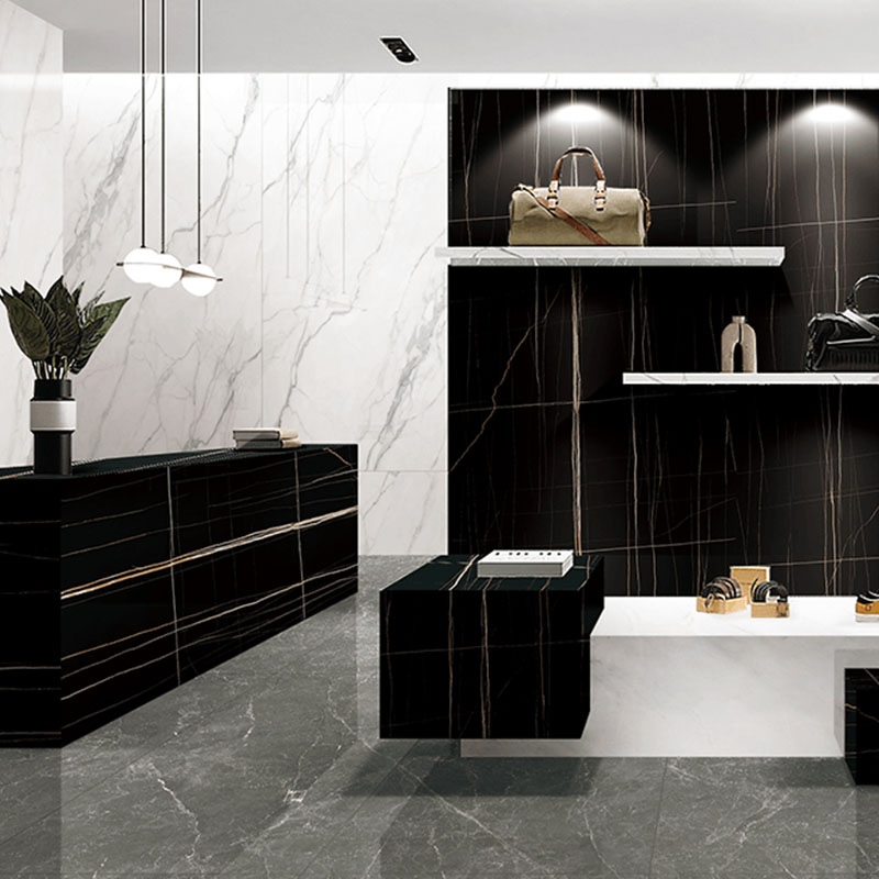 Laurent Black Deep Gloss Finish Tile, Vintage Style Urban Design.