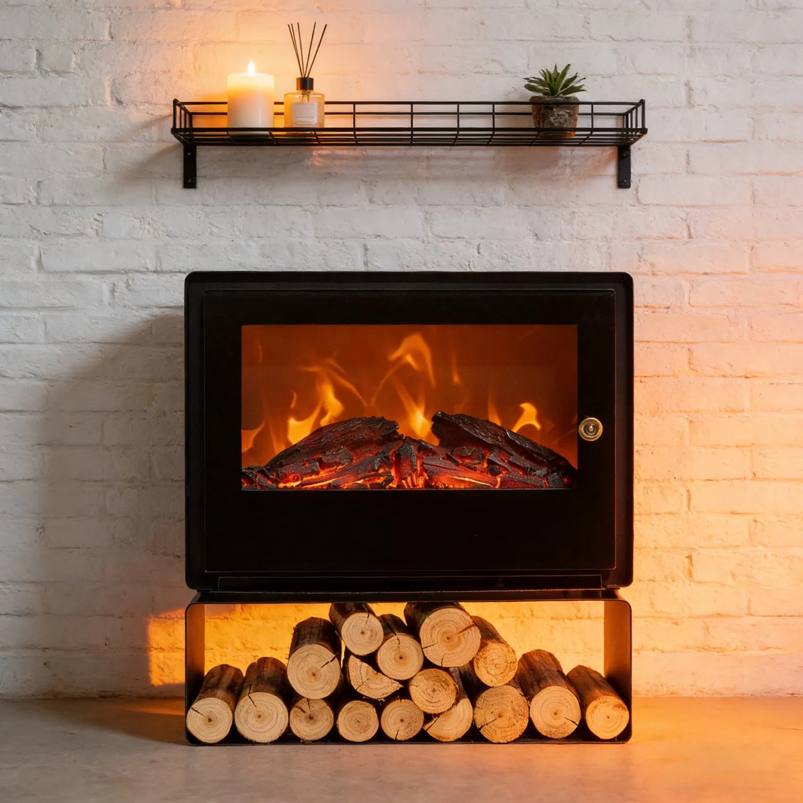 Contemporary Black Electric Fireplace with Openable Glass Door
