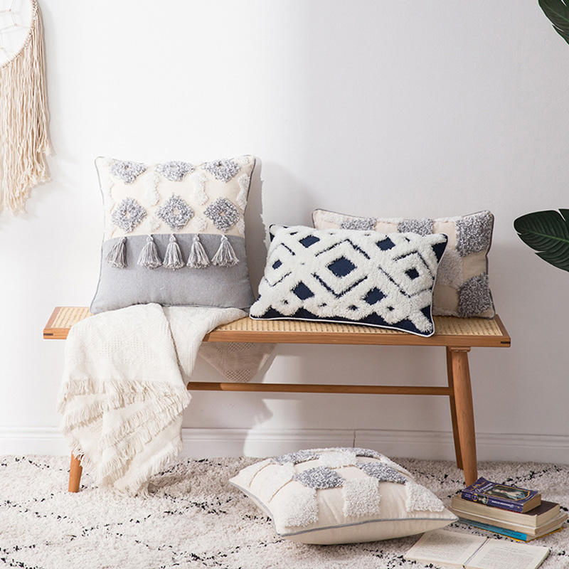 Morocco Geometric Pattern Cushion Cover Living Room Tufted Pillowcase with Tassels for Sofa