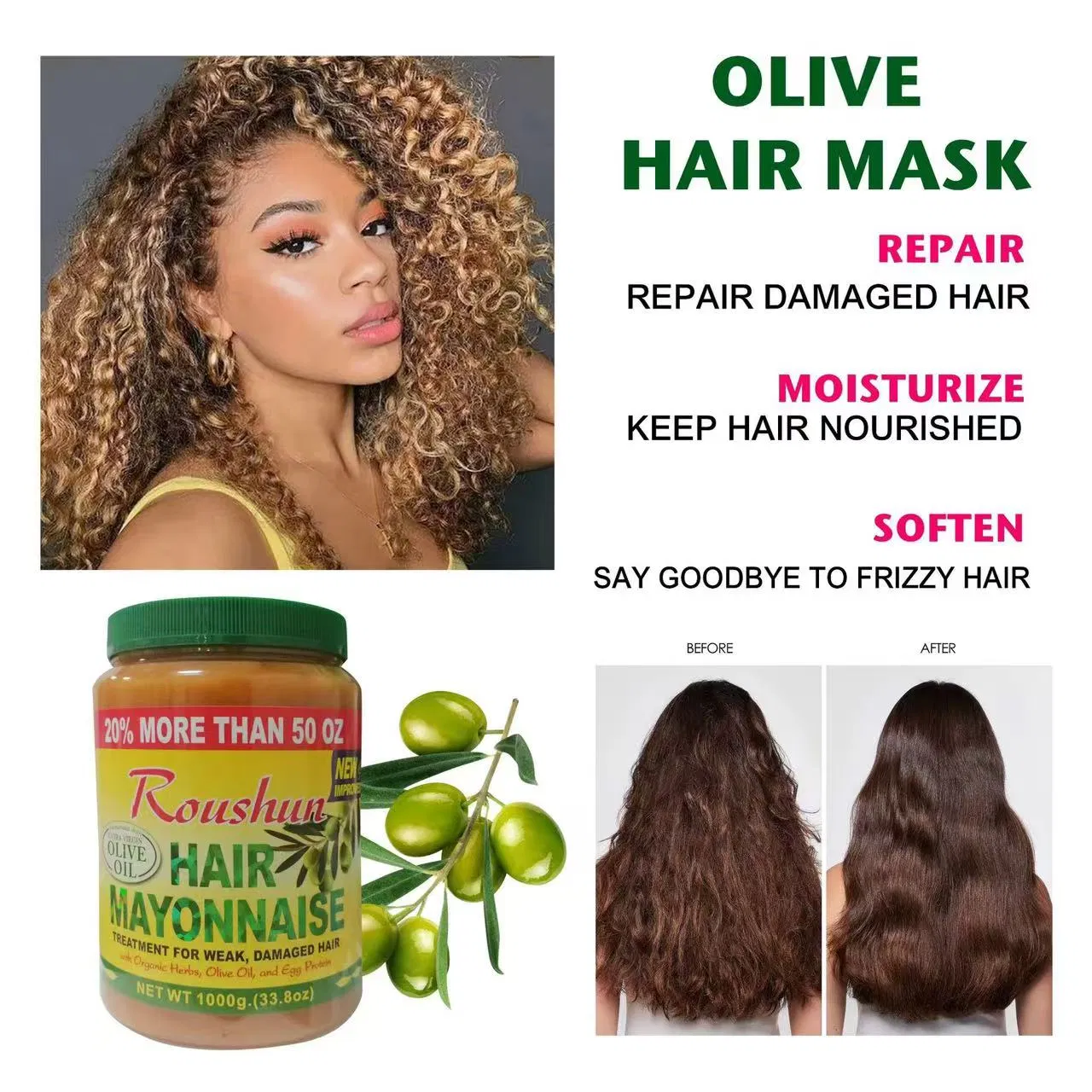 Roushun Fully Natural Olive Hair Treatment - Smooth Moisturize & Nutrient-Rich Hair Care