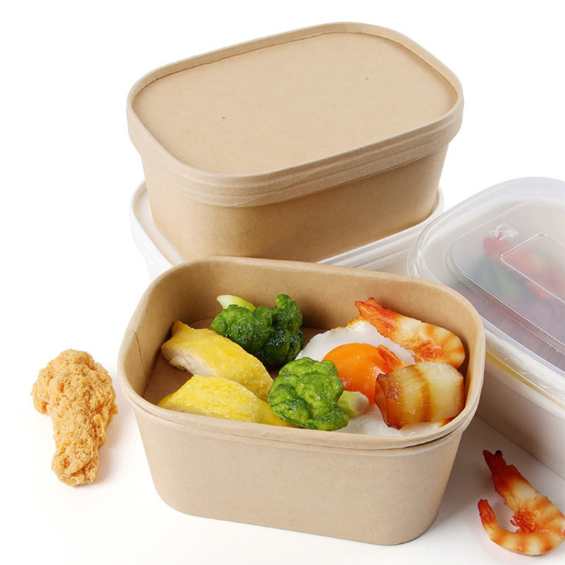 Paper Bowls Custom Take out 500ml 650ml Recentangle Disposable Kraft Paper Salad Bowl with Lid
