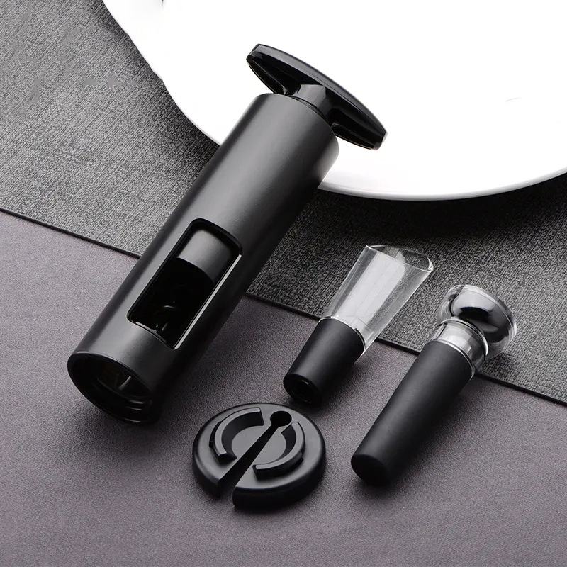 Promotional T Shape Spinning Vacuum Stopper Wine Corkscrew Electric Wine Opener Set with Foil Cutter