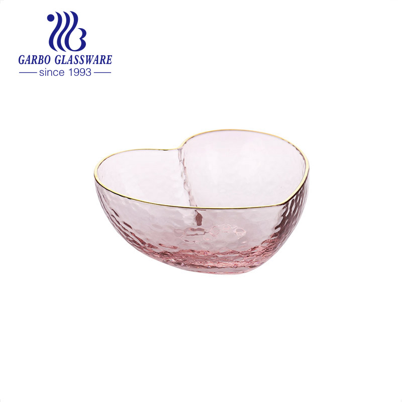 550ml Heart Shape Clear Crystal Glass Fruit Salad Sugar Bowl with Gold Rim for Wedding Decoration