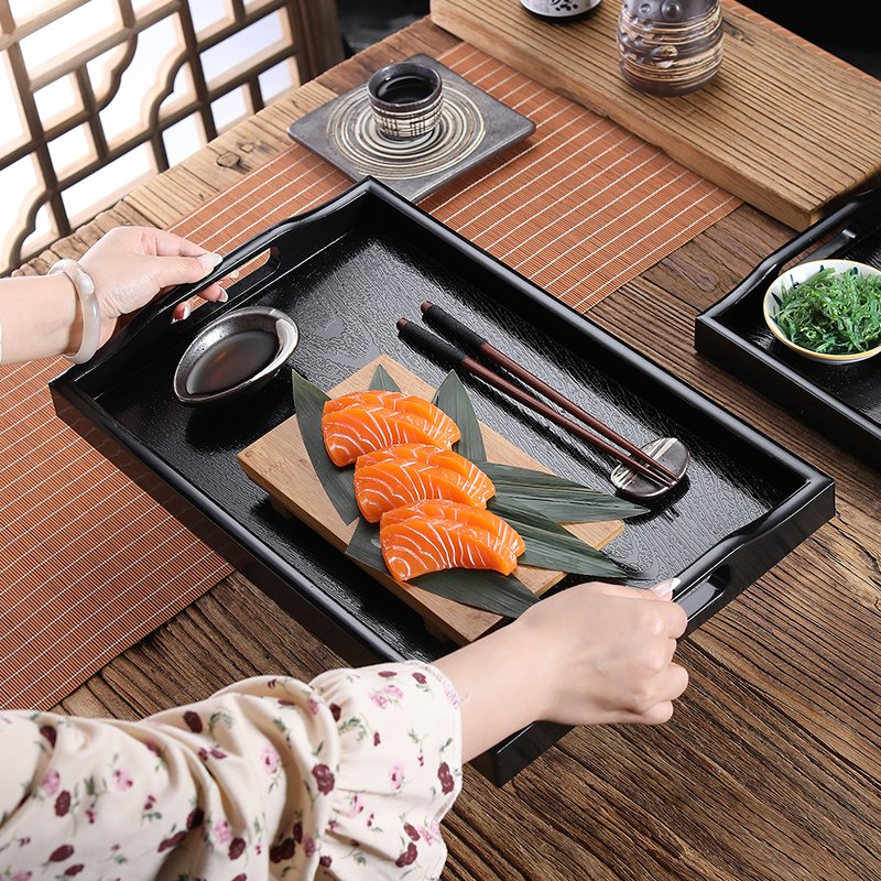 Japanese Izakaya Serving Trays with Handle Deep Wood Grain Pattern ABS Tray Hotel Restaurant Serving Tray
