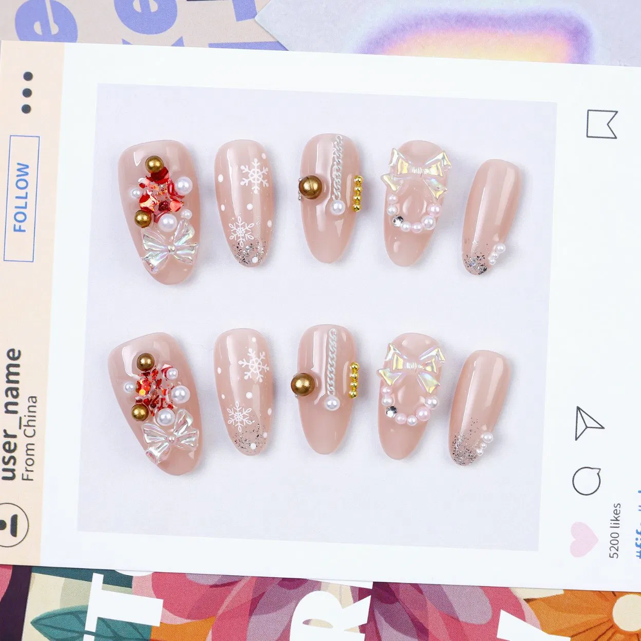 Nude Snowflake Bow Almond Press-on Nails (Christmas Pearl Design)