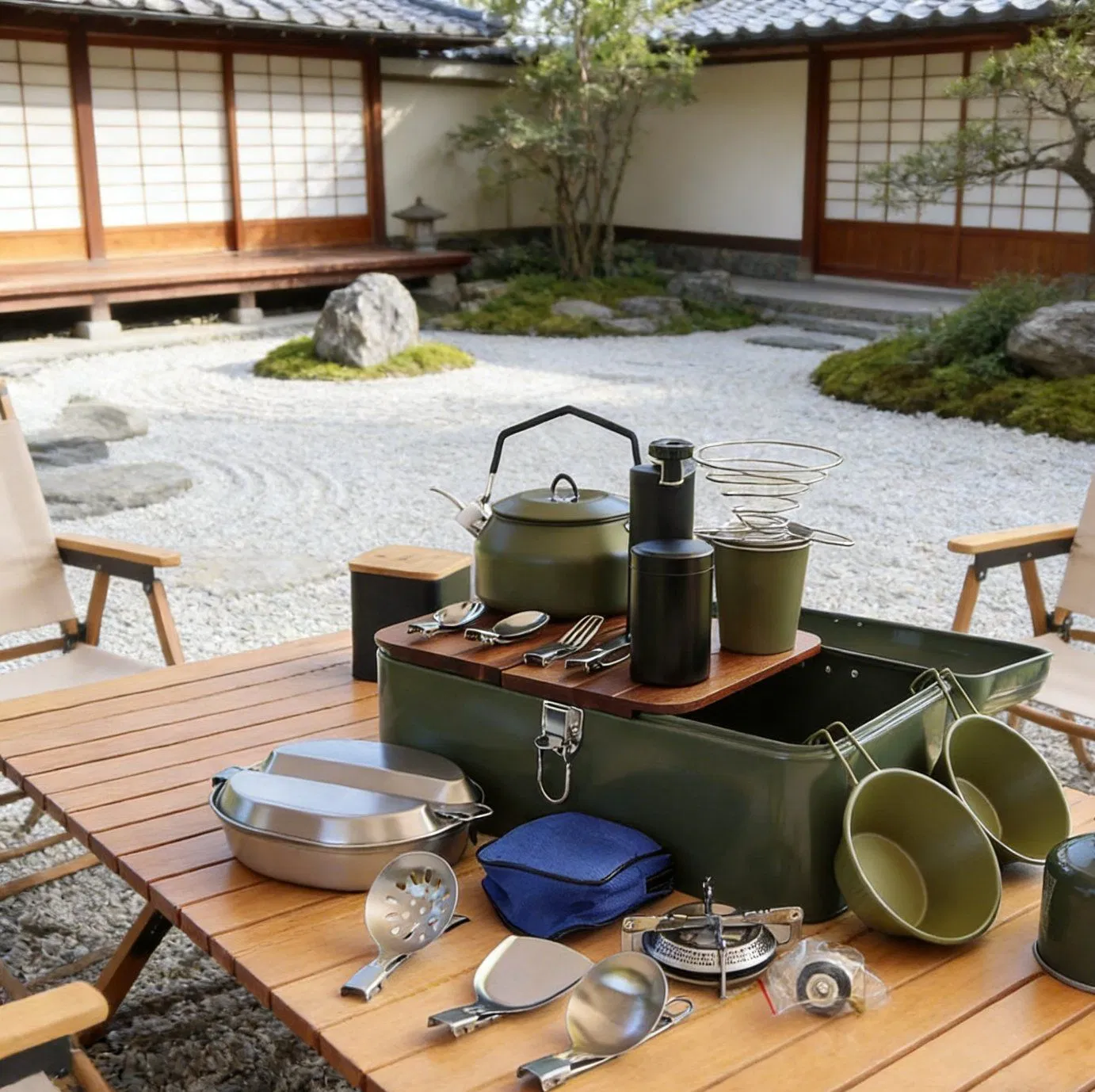 Camping Pot Pan Set with Wooden Board Folding Tableware