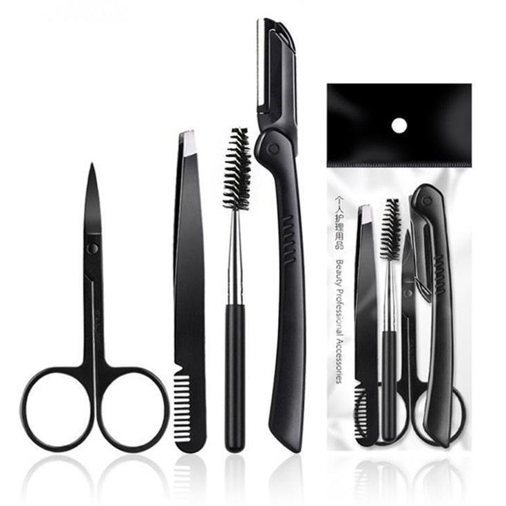 Stainless Steel Clip Scissors Knife Brush Eyebrow Trimmer Set for Makeup Tools