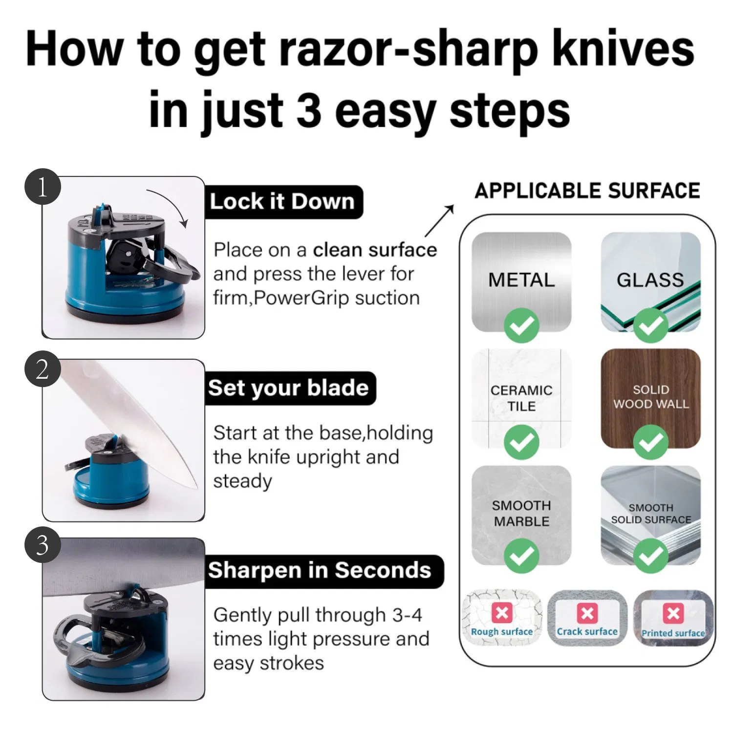 Blue Knife Sharpener Powergrip Suction Base 200X Force Increase Mini Size Fast 3 Step Sharpening for Most Kitchen Knives Tool