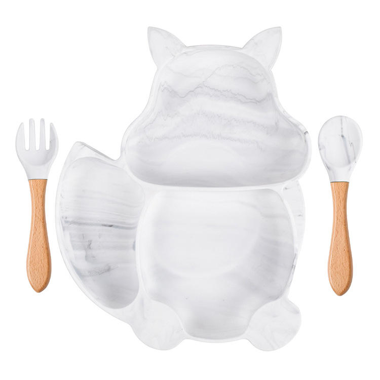 Children's Silicone Tableware 5-Piece Set with Wooden Handle, Fork Spoon, Silicone Bib, Plate, Bowl