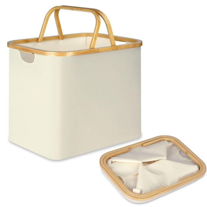 Linen Laundry Basket with Bamboo Handles for Home Bathroom Bedroom Organization