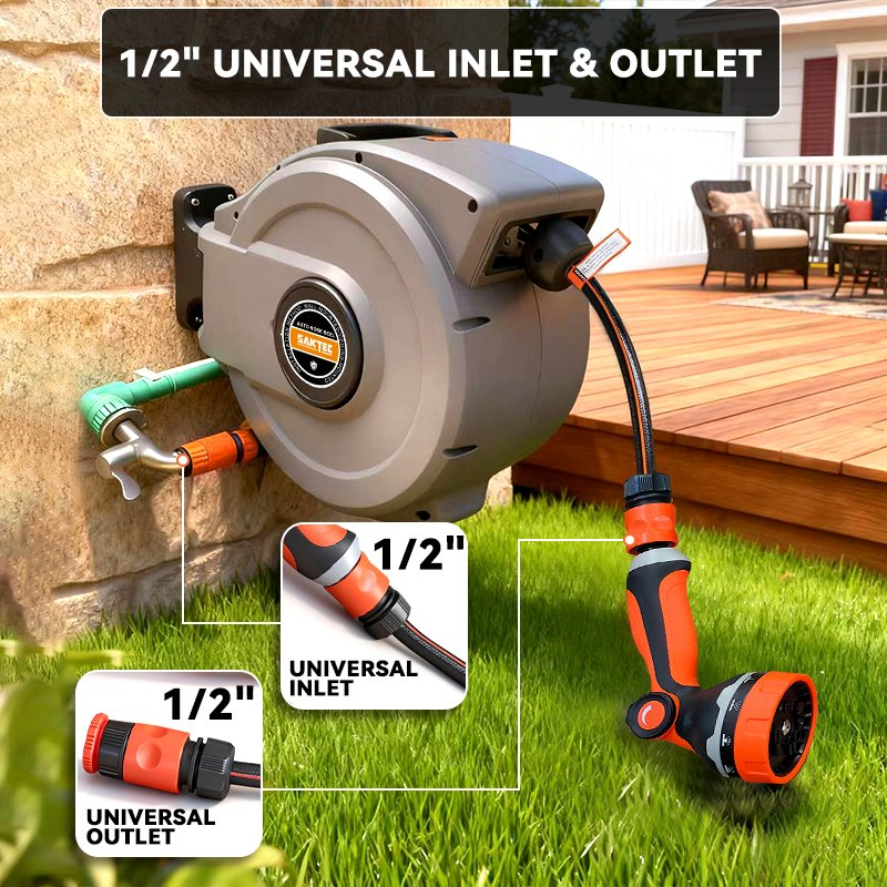 Giraffe Tools Retractable Garden Hose Reel 1/2 Inch X 100 FT, Super Heavy Duty, Any Length Lock, Slow Return System, Wall Mounted