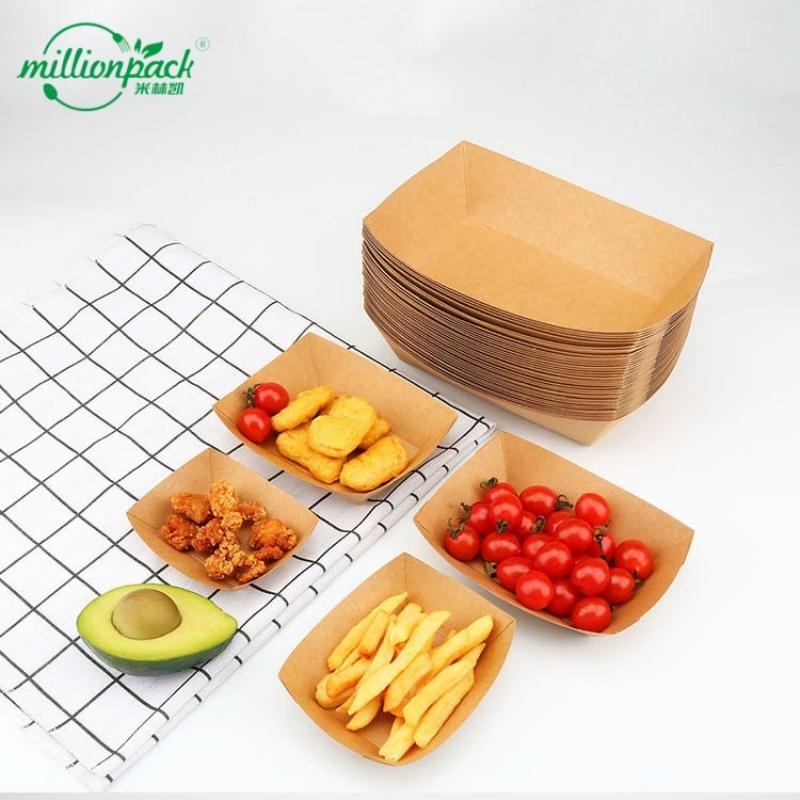 Food Grade Kraft Paper Boat Tray for Takeaway Snacks Burgers Hot Dogs