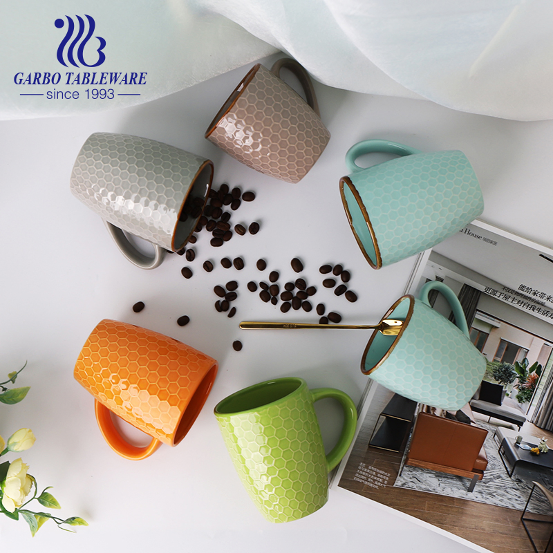 Promotion Gift 400ml/14oz Light Blue Color Glazed Ceramic Juice Mug with Diamond Design