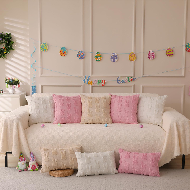 Beige Rabbit Plush Faux Fur Pillow for Sofa Bed Decor