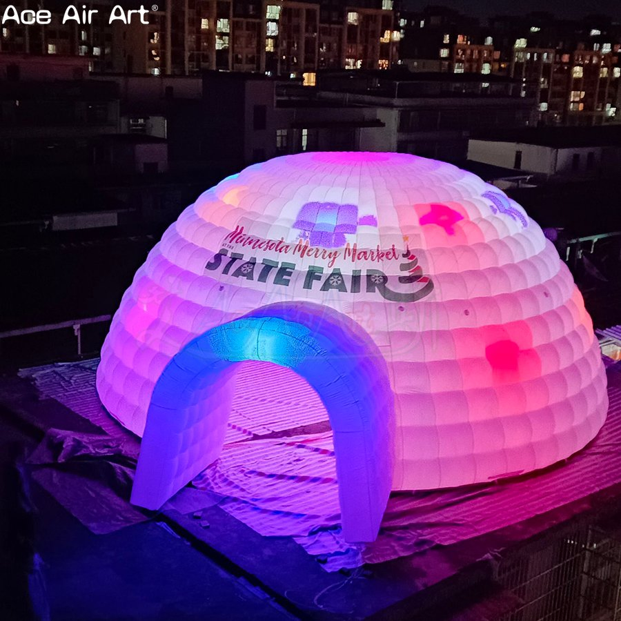 Massive 10m Diameter Inflatable Dome Igloo Tent with Customizable Signage and Colored Lights for Outdoor Exhibitions.