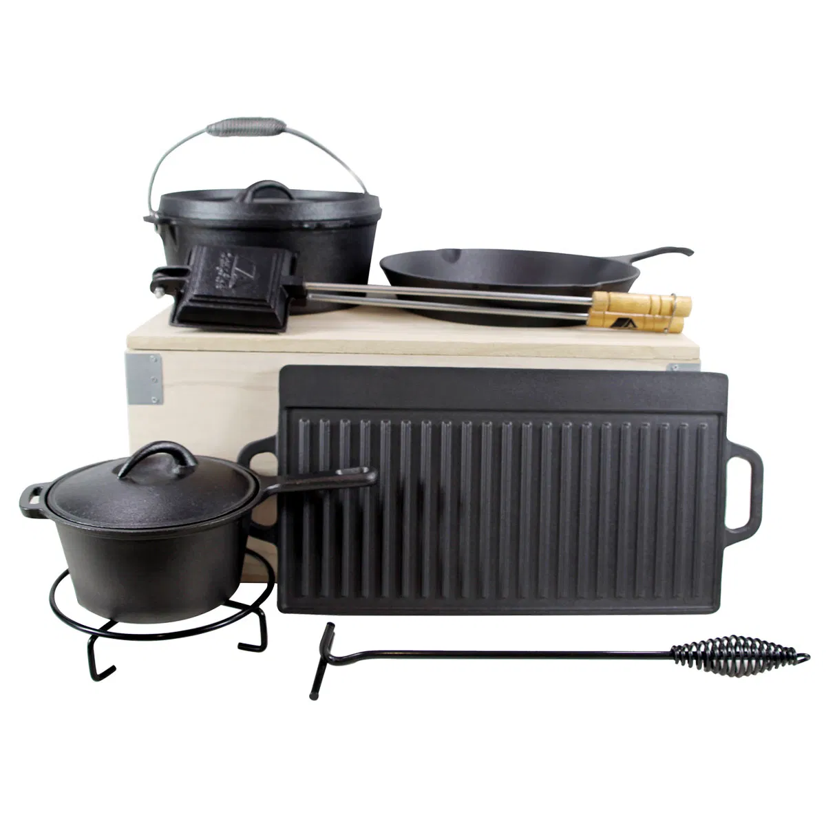 Чугунный казан для кемпинга с крышкой и подъемником