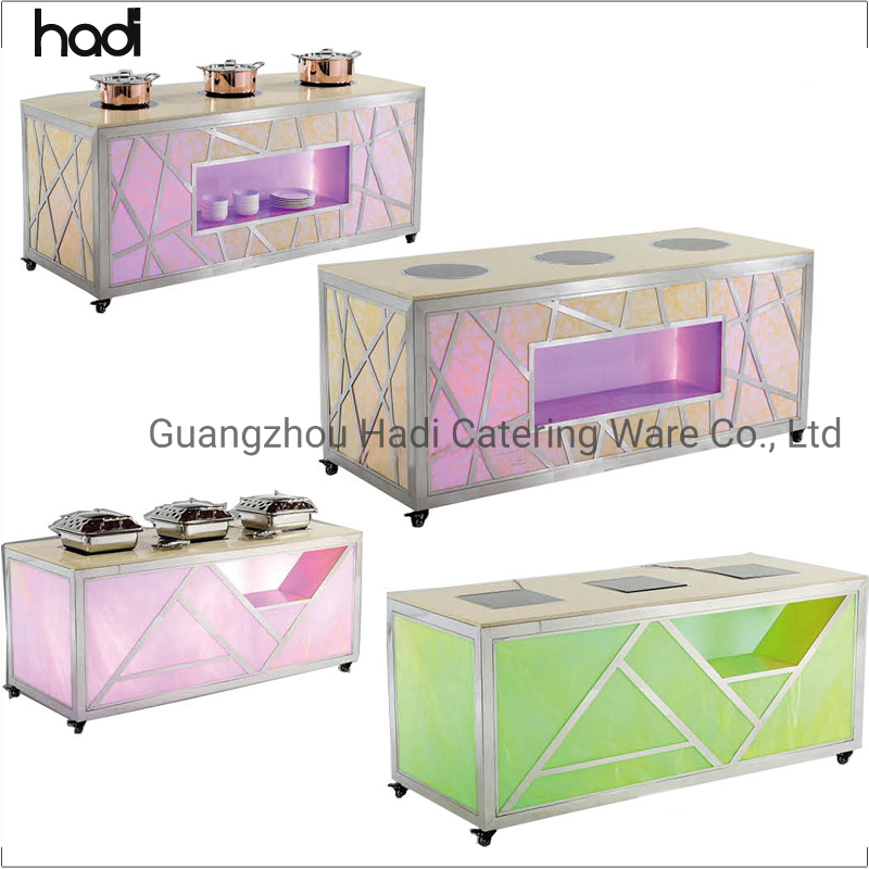 Modern Stainless Steel Legs Catering Wedding Decoration Rectangular Tempered Mirrored Glass Top Nesting Mirror Buffet Table for Restaurant Hotel