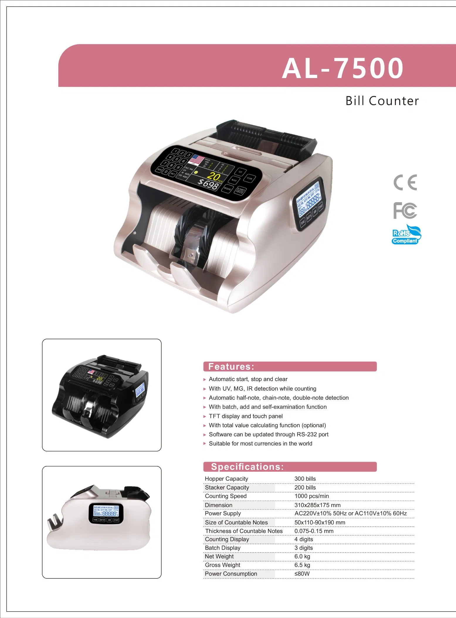 Al-7500 Small Money Counting Machine Cash Counting Machine Money Paper Money Counter