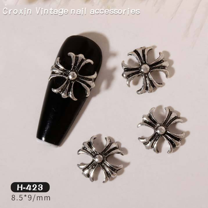 Metal Alloy Vintage Silver Cool Punk Chrome 3D Cross Nail Art Set