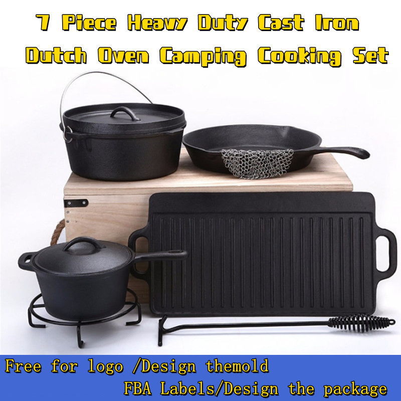 Pre-Seasoned 7 Piece Heavy Duty Cast Iron Dutch Oven Camping Cooking Set with Vintage Carrying Storage Box