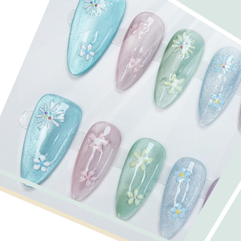 Elegant 3D Floral Press-on Nails with Crystal Accents