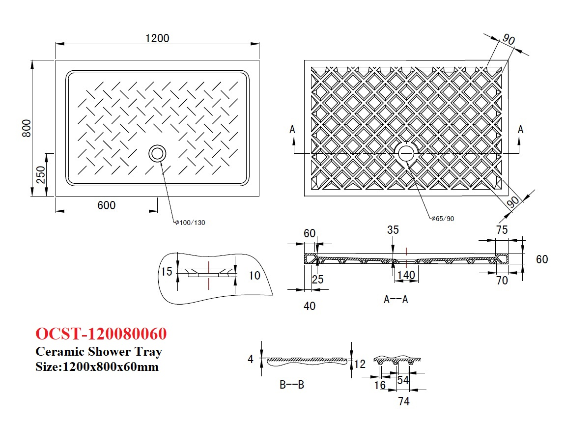 Ocst-120080060 White Thin Ceramic Shower Tray with Ce Approved Standard