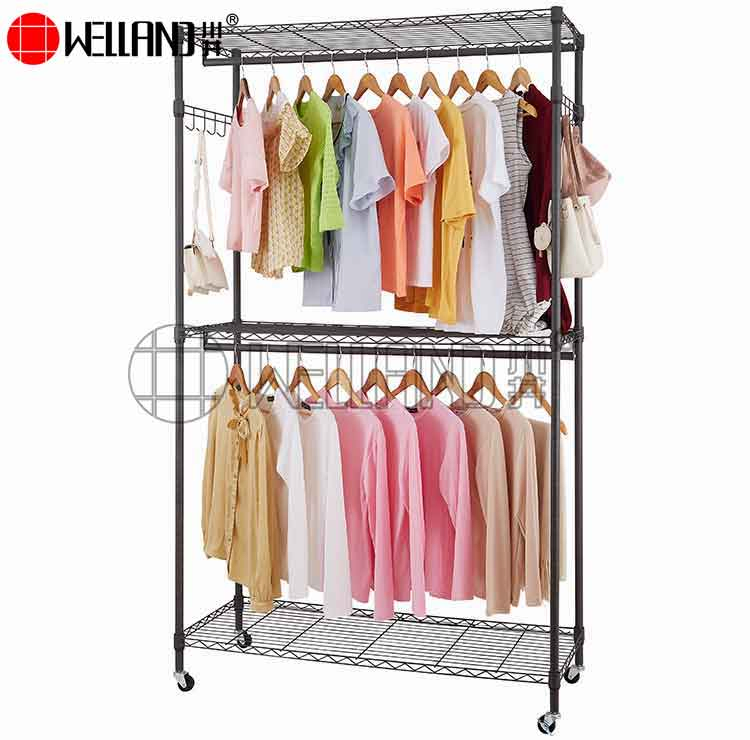 Modern Metal Clothes Rack Bedroom Wardrobe Closet 3 Tier Heavy Duty Rolling Garment Rack for Hanging Cloth