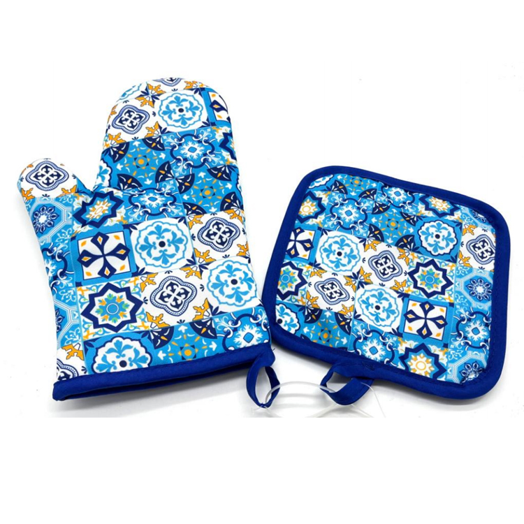 Factory Price Custom Logo Printed Kitchen Heat Resistant Cotton Oven Mitts and Pot Holders Sets