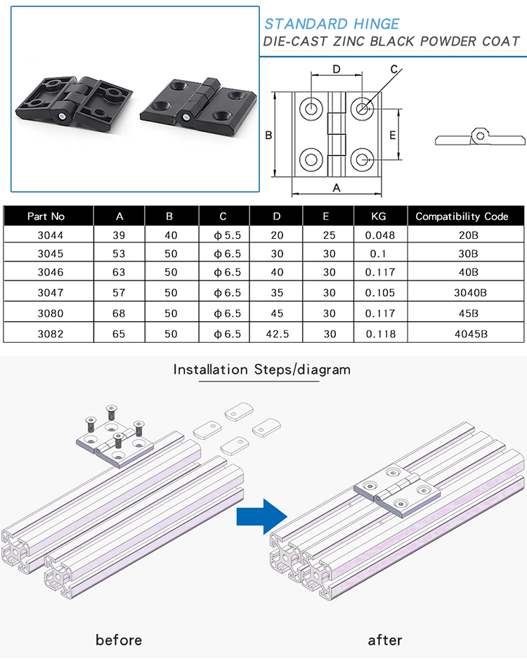 China Manufacturer 40X40 3047 3040b Black Metal Die Casting Zinc Hinge for 30 and 40 Series Aluminium Extrusion Profile in Casting Zinc 20 30 40 45