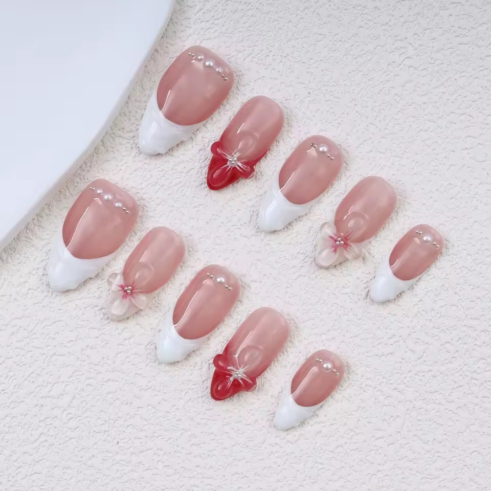 Pink & White Bow Press-on Nails Sweet Pearl Accent Manicure for Daily & Parties