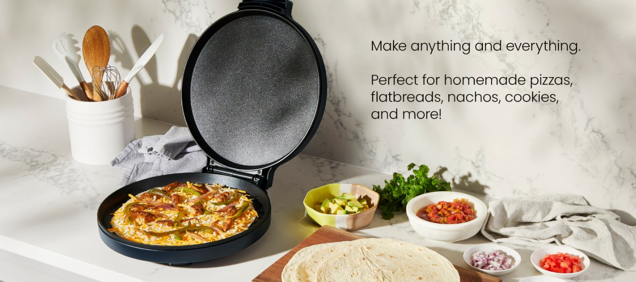 Everything Maker & Pizza Oven - Countertop Electric Pizza Maker with 12" Nonstick Cooking Plates, Plus Makes Quesadillas, Omelettes and More