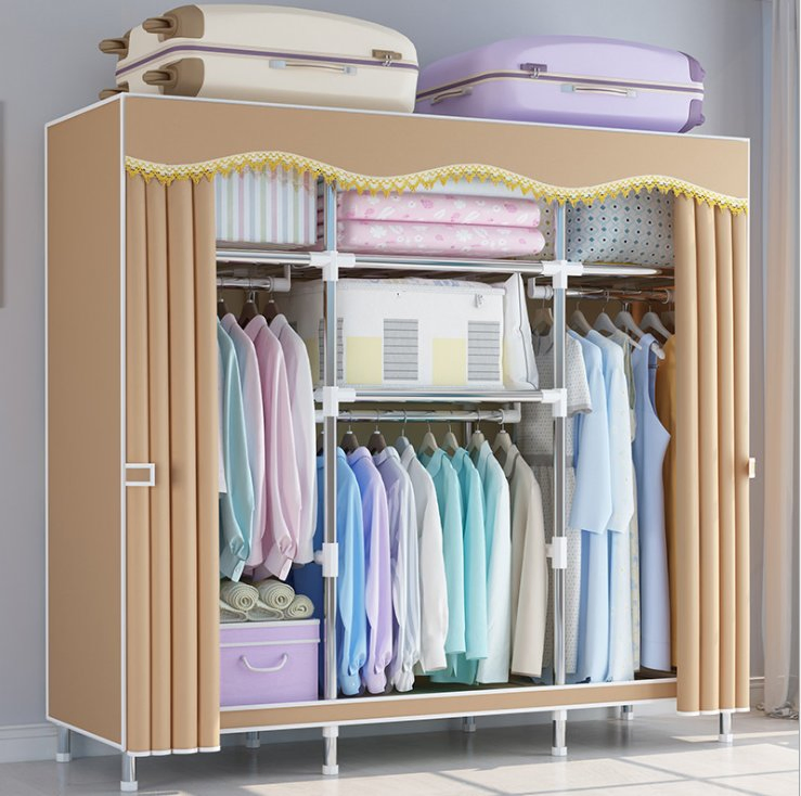 Simple Wardrobe with Bold Reinforcement Steel Pipe Polyester Assembly Storage Wardrobe