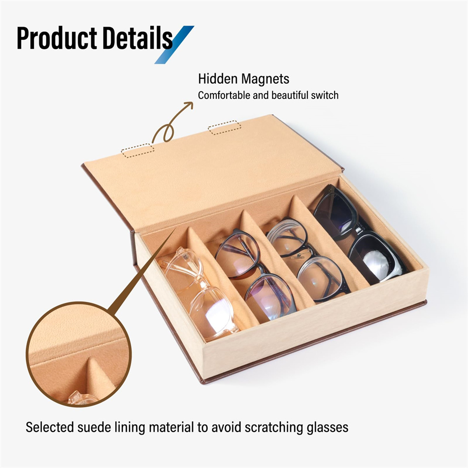 Custom Leather Reading Eyeglasses Display Box 4 Slots Sunglasses Storage Organizer Case