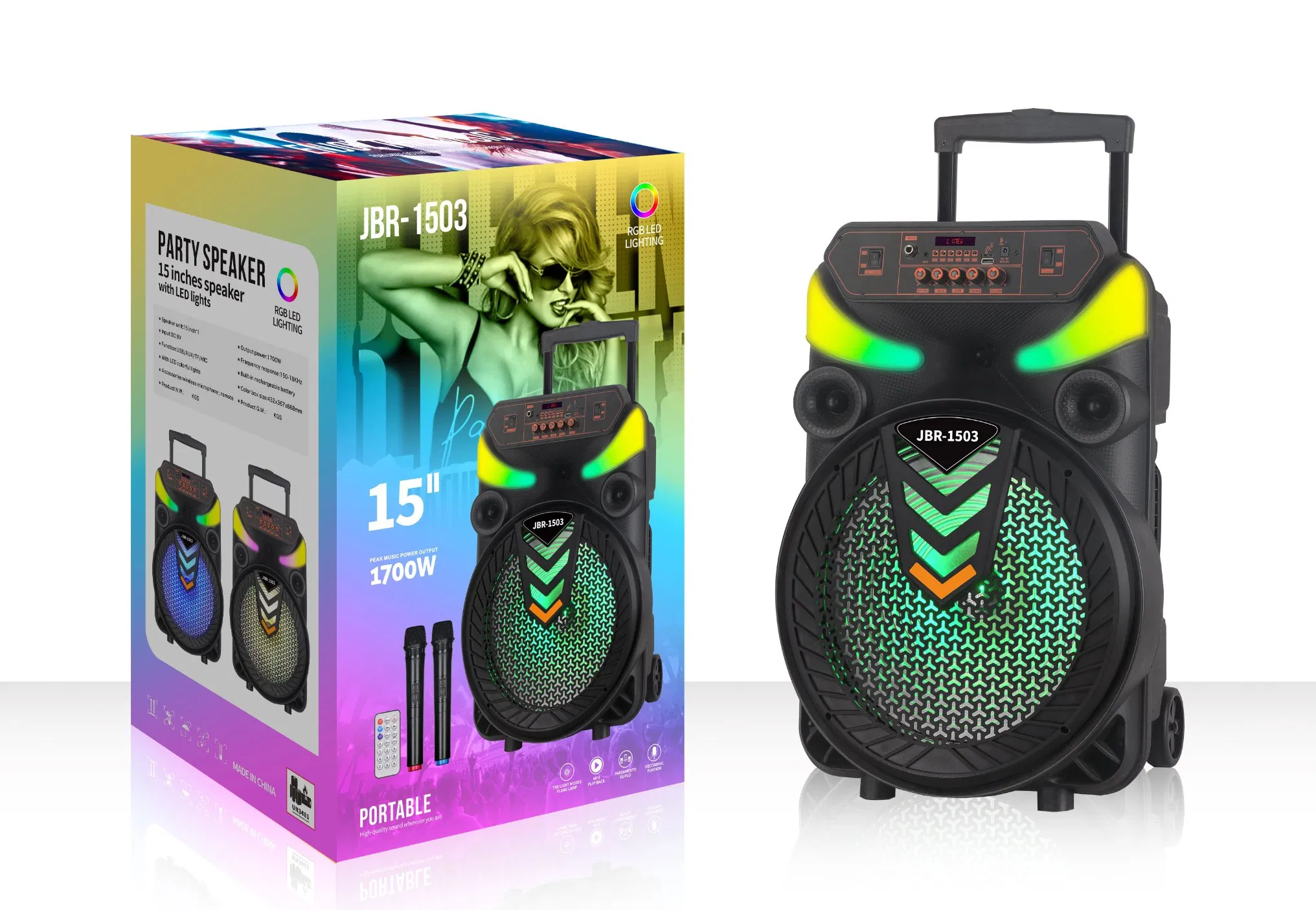 15 Inch Rechargeable Portable Bluetooth Active Speaker Trolley Colorful LED Lights