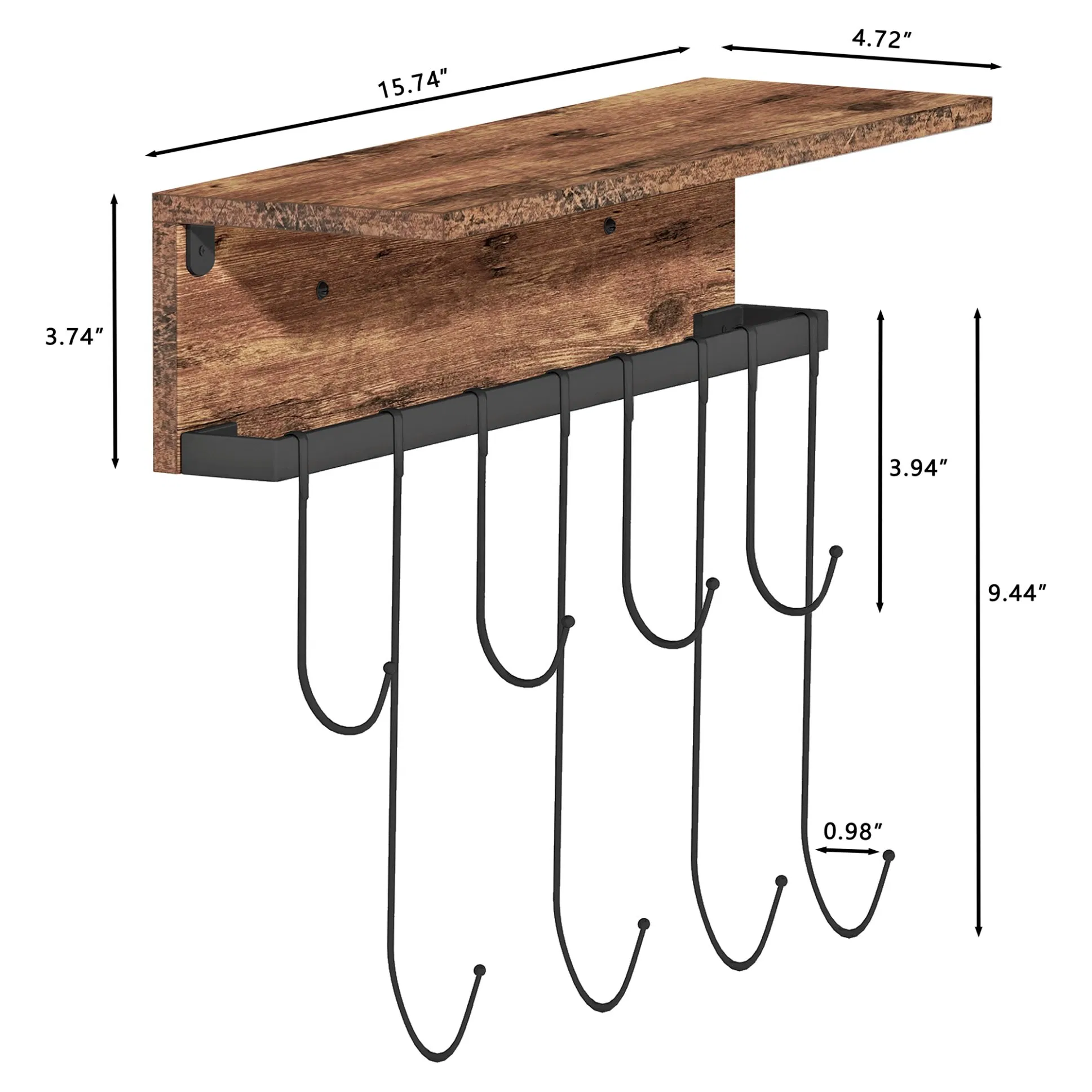 Wall Mounted Metal Wood Hook Rack Shelf for Kitchen Bathroom Hanger Organization