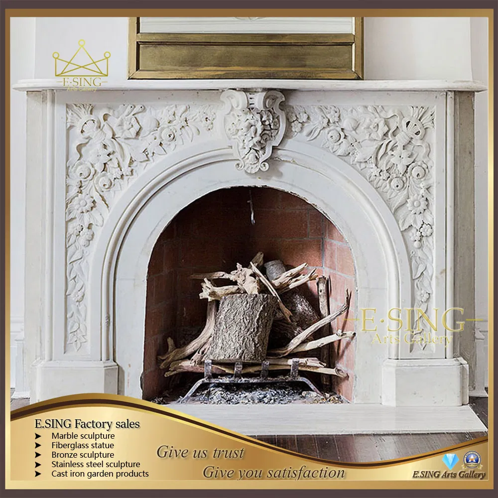 Decorative Hand Carved Fashion Indoor White Natural Stone Metal Marble Fireplace
