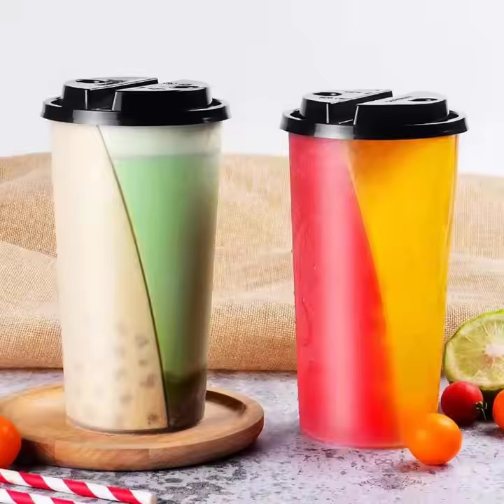 Custom 22oz Disposable Plastic Cups PP & Pet Material 2 Compartment Bubble Boba Tea Cups