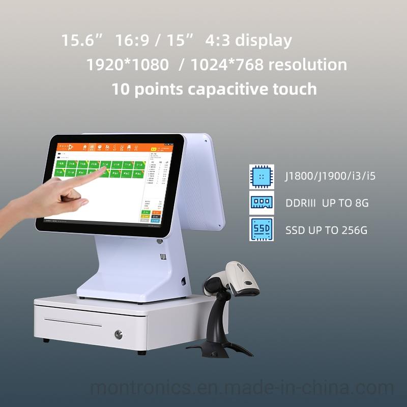 15.6-Inch Capacitive POS Touch Display with Small Customer Display with Scanner, Cash Box, Ticket Machine Equipment