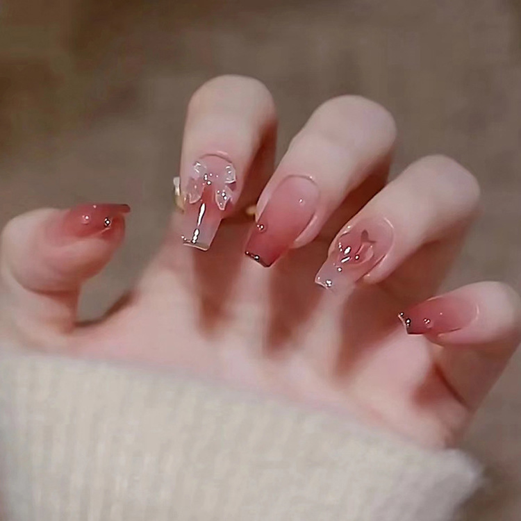Medium Long Gradient Color Ballet Nail Nail Patch Bow Light Sense See Light Color Color Three-Dimensional Peach Wear Nail Piece