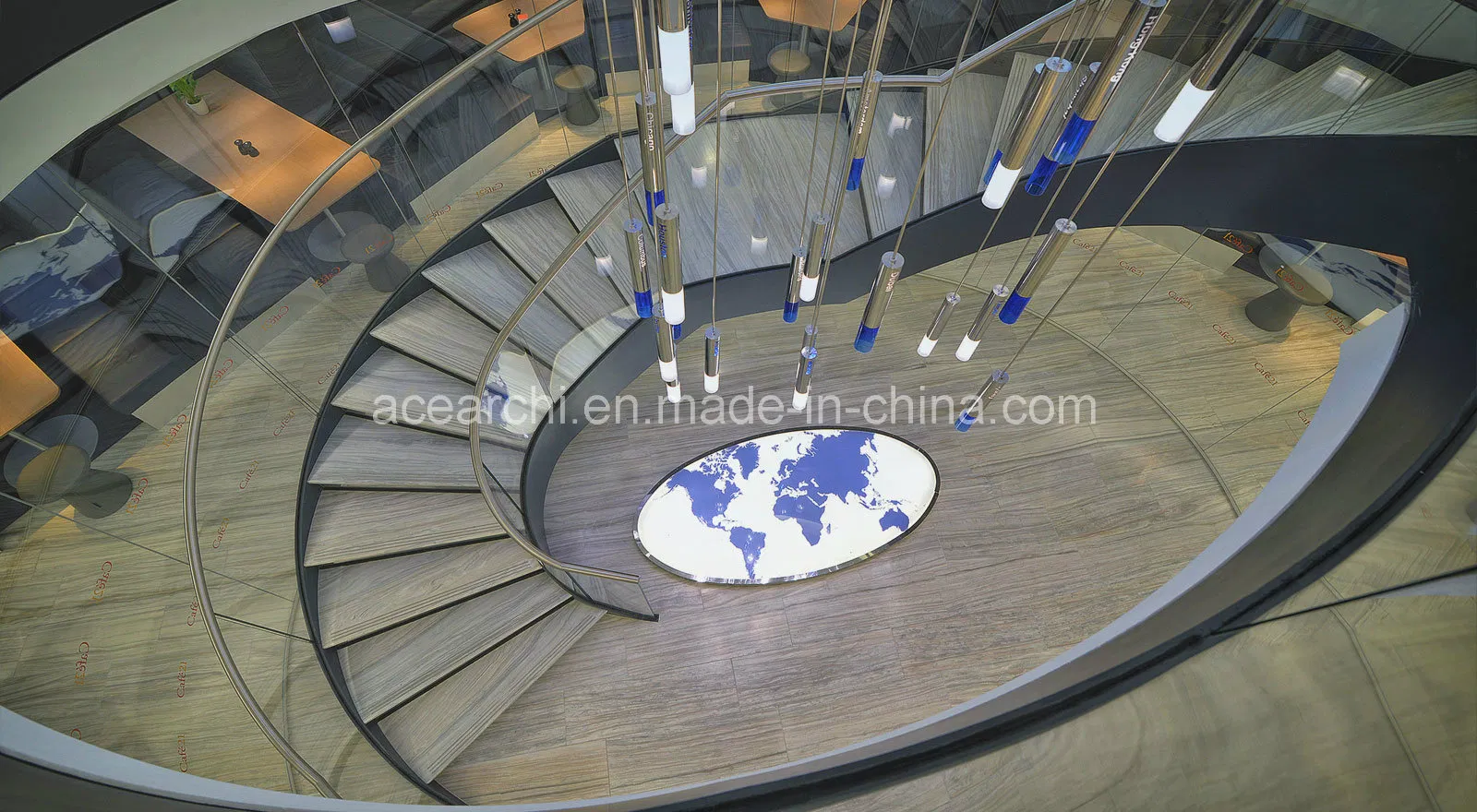 High Quality Indoor Metal Plate Solid Wood Curved Staircase with Glass Railings