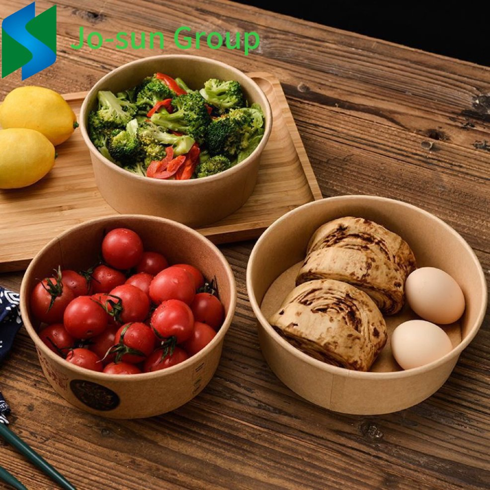 Jo-Sun Wholesale Food Packaging Salad Kraft Eco-Friendly Packaging Disposable Paper Salad Bowl with Lid