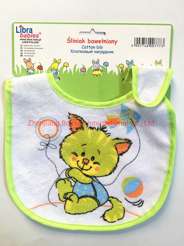 OEM Custom Design Logo Print Cotton Terry Baby Bibs with Cardboard Package Factory