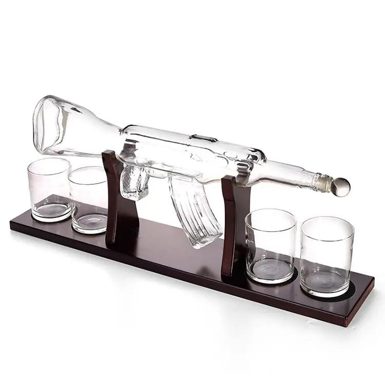 Hot Sale Machine Gun Glass Whiskey Decanter Set with Pine Platform Tray