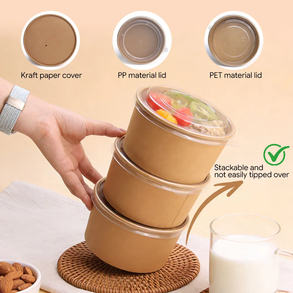 Custom Printed Kraft Salad Bowl Compostable Disposable Food Container with Lid for Restaurant