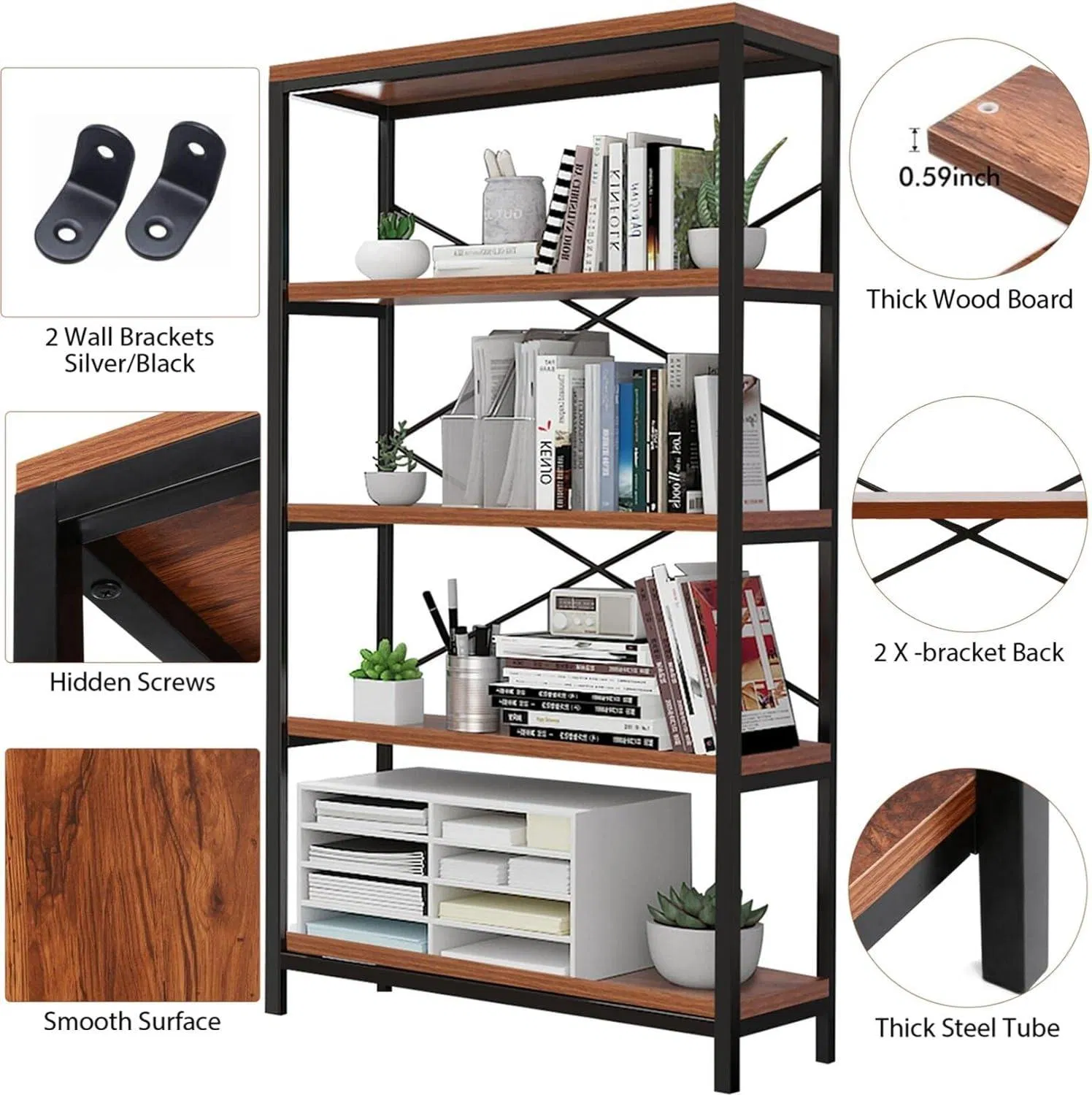 Modern 5-Tier Brown Metal Frame Bookcase with Durable Wire Shelves